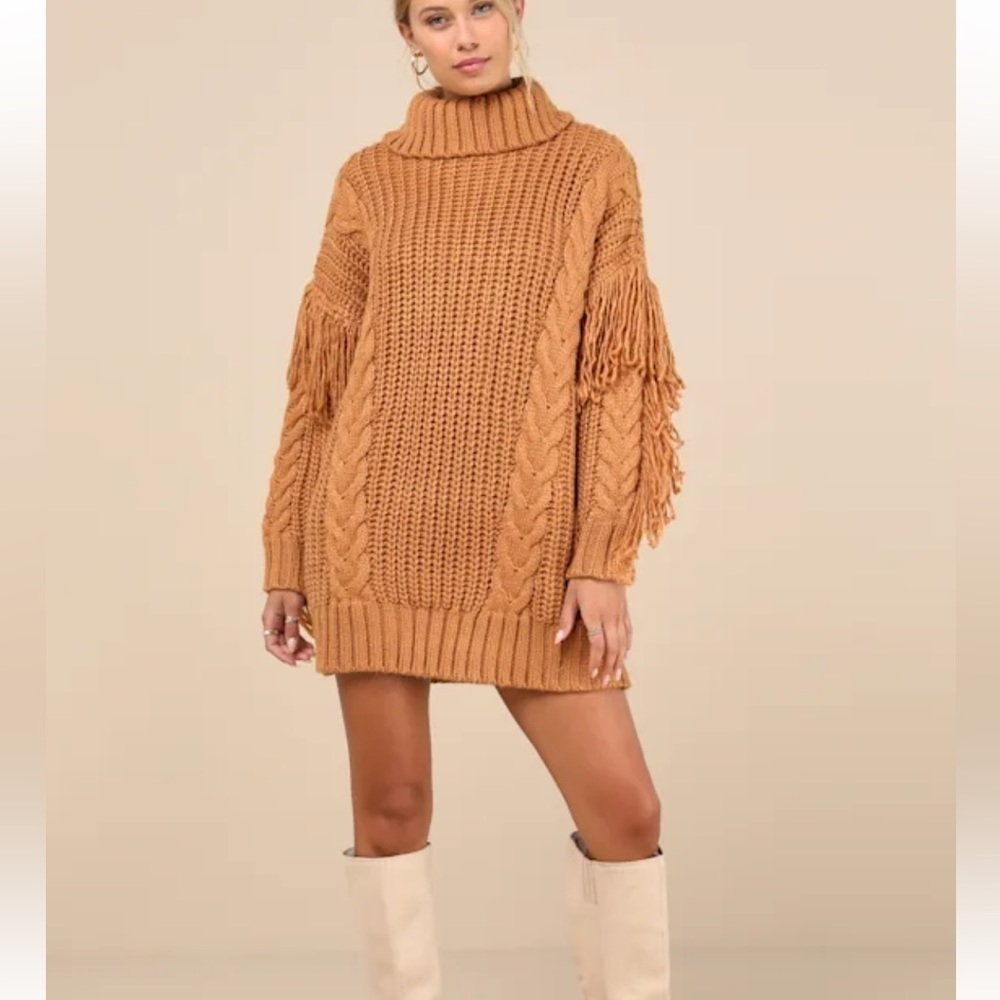 Lulus Cable Knit Fringe Oversized Mini Dress NWT Size Small